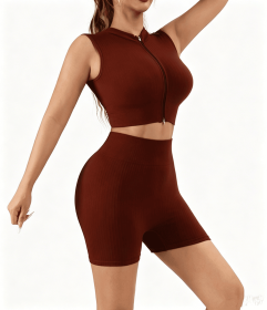 2 Piece Workout Sets for Women High Waisted Shorts Tummy Control Shorts Yoga Sports Tank (Color: Brown, size: M)
